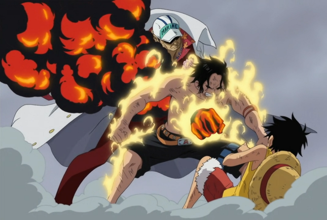 Ace dùng thân mình đỡ đòn của đô đốc Akainu cho Luffy